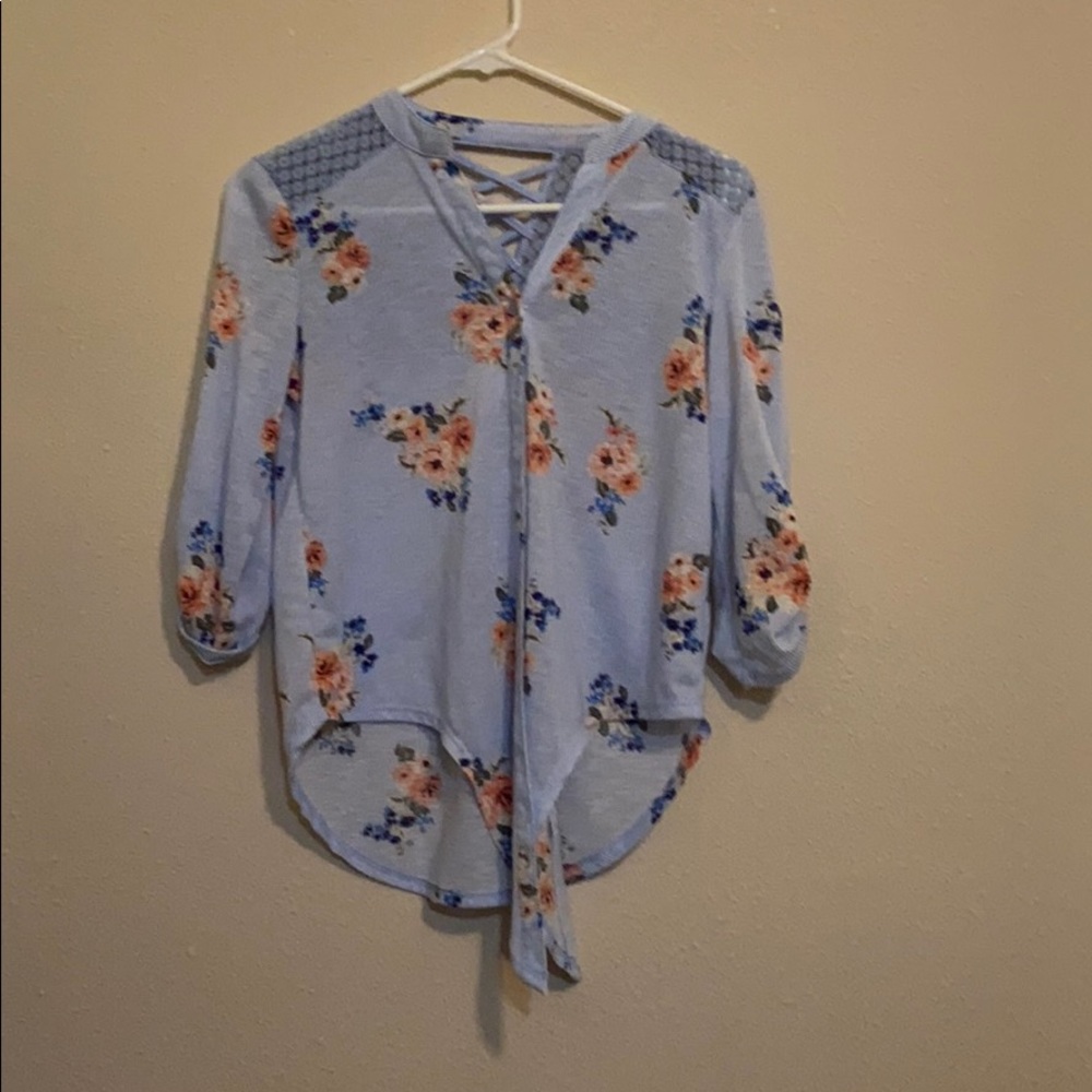 Blue and white striped shirt with flowers